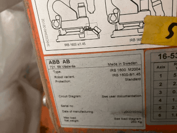 Mašīnas ABB IRB 1600 M2004 tehnisko  datu plāksnīte